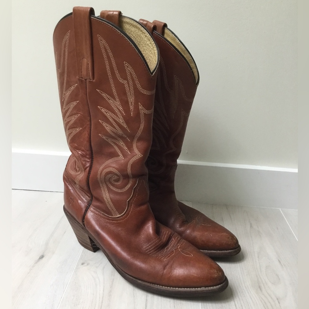 Frye Brown Leather Vintage Embroidered Cowboy Boots
